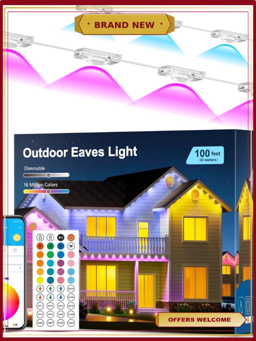 100ft Permanent Outdoor LED String Lights RGB 50LED Remote App IP65 Waterproof